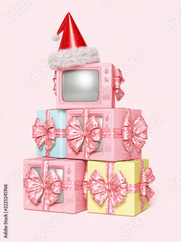Vintage TVs Decorated as Christmas Gifts with Santa Hat