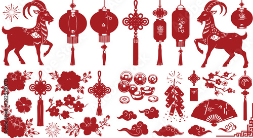 Chinese New Year Celebration Elements with Goats, Lanterns, and Floral Decorations.