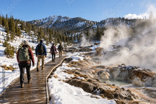 Hikers walking a snowy boardwalk beside steaming rocky geothermal terrain