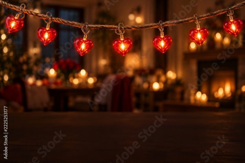 Glowing Red Heart String Lights on Rustic Rope in a Warm Romantic Room
