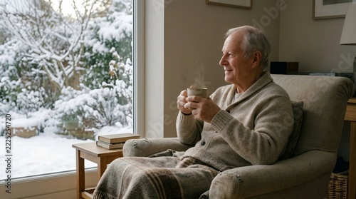 Senior man wrapped in a blanket drinking hot tea by a winter window
