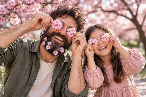 Happy father and daughter playing with pink blossoms in a spring orchard