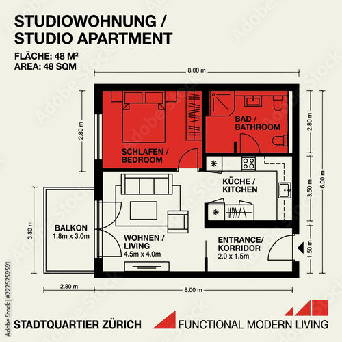 Studio Apartment Floor Plan, 48 sqm, Bedroom, Kitchen, Living Room, Balcony