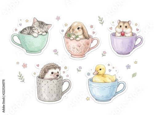 Cute watercolor animal sticker pack featuring arctic fox, teacup baby pets, fluffy alpaca llama, and kawaii woodland creatures