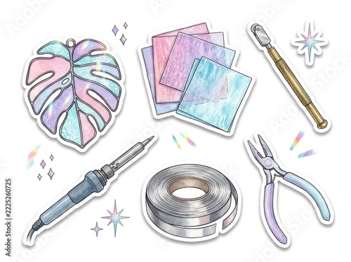 Vintage watercolor lifestyle clipart featuring bookbinding craft tools, astronomy stargazing telescope, vanity beauty cosmetics, and winter fashion