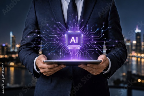 Suited Businessperson Holding Tablet with Glowing Purple AI Processor
