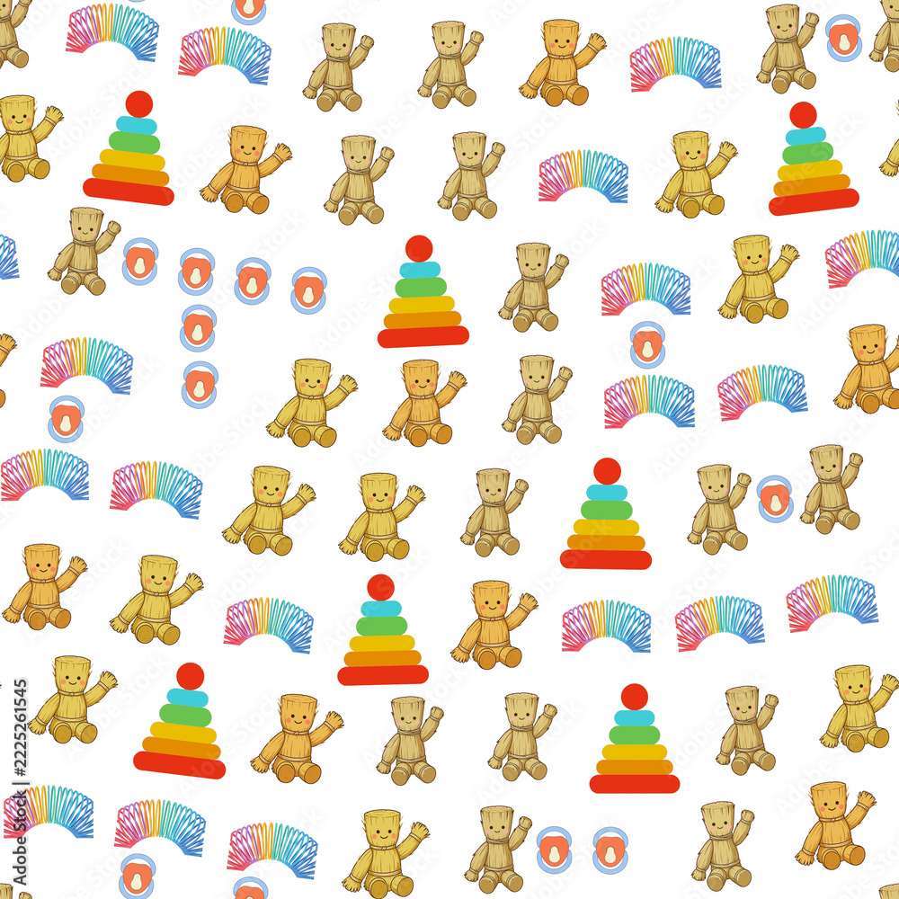 Fototapeta premium Seamless pattern of cute wooden dolls, stacking rings, and slinky toys