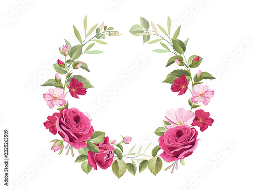 Elegant Floral Wreath and Pink Roses Vector Design - Wedding and Greeting Card Element
