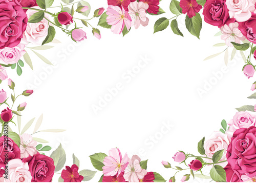 Elegant Floral Wreath and Pink Roses Border Vector Design - Wedding and Greeting Card Background