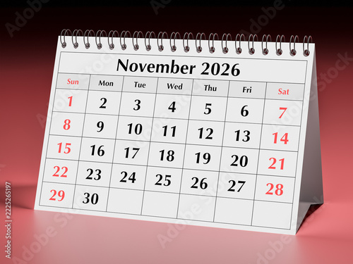November 2026 calendar. One page of annual business desk monthly flip autumn month