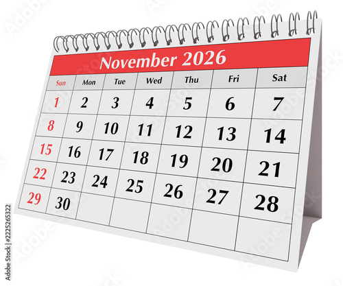 November 2026 annual desk flip calendar page isolated on transparent png