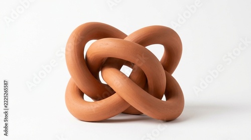Sculpture made of intertwined ceramic loops stands against a plain white backdrop.