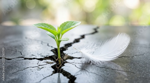 Small green seedling growing through cracked concrete surface beside a white feather. Concept of resilience, life, hope, and new beginnings