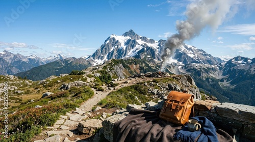 Leather backpack and mug on mountain overlook with snowy peaks. Campfire smoke rising along high altitude hiking trail
