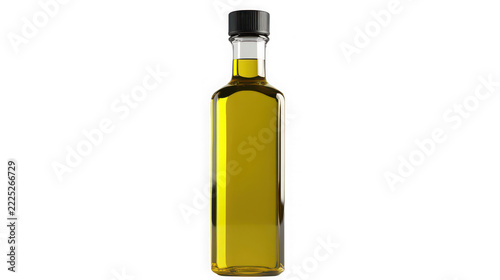 A clear glass bottle filled with golden olive oil with yellow oil with food