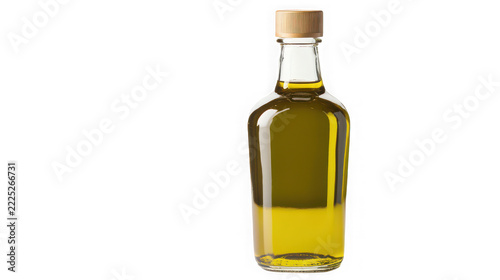 A clear glass bottle filled with golden olive oil against white background