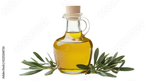 Clear glass cruet filled with golden olive oil with filled yellow cooking