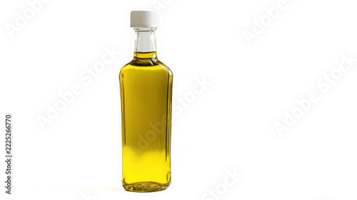 Clear glass bottle filled with yellow cooking oil on white background