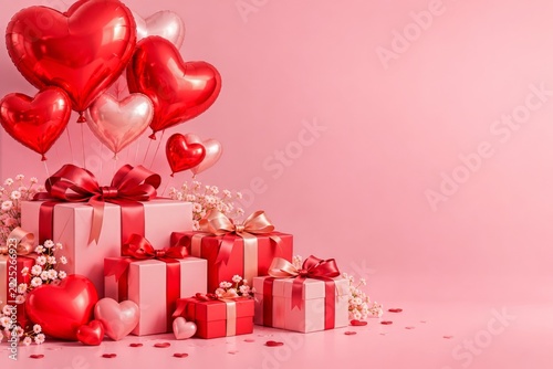 Valentine Gifts and Red Heart Balloons with Open Space for a Greeting