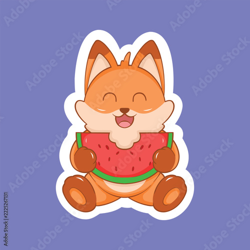 Cute fox enjoying watermelon sticker vector design