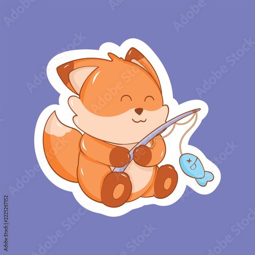 Cute fox fishing sticker vector design