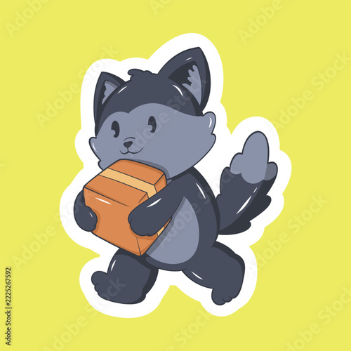 Cute wolf sticker carrying a package vector design