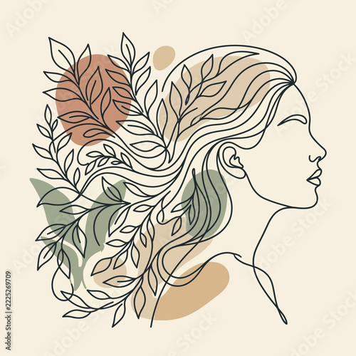 Line Art Woman with Flowing Hair and Leaves, Abstract Shapes, Minimalist