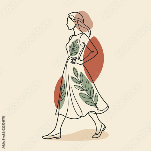 Minimalist line art of woman in leaf print dress, abstract shapes, beige background