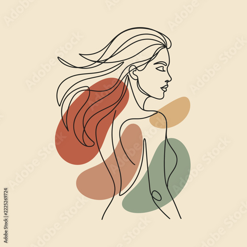 Minimalist line art of a woman with flowing hair and abstract shapes