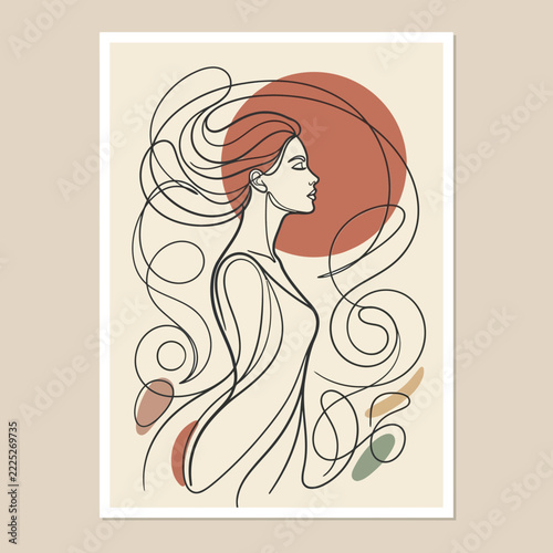 Minimalist line art of woman with flowing hair and abstract shapes, beige background