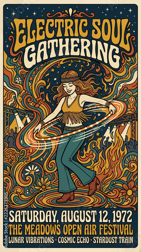 Retro Hippie Woman Dancing at Music Festival, Psychedelic Art, 1970s Style