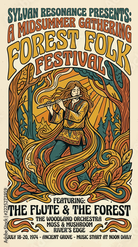 Retro Forest Folk Festival Poster with Flute Player