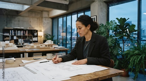 Professional architect reviewing blueprints at modern glass-walled office desk with copy space