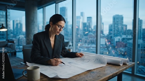 Professional architect reviewing blueprint designs at modern office desk with city skyline view
