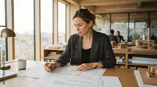 Professional woman reviewing architectural blueprints at modern office desk with ample copy space