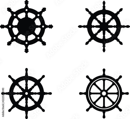 Ship wheel silhouette vector. Boat helm vector icon set