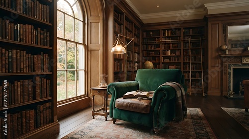 Professional reading a book in a classic wood-paneled library with vintage furniture and natural daylight