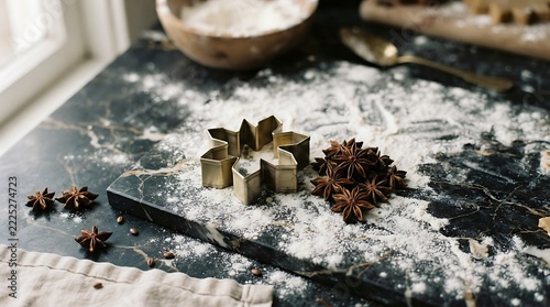 Handcrafted gold leaf and star anise spices arranged on floured surface for culinary decoration