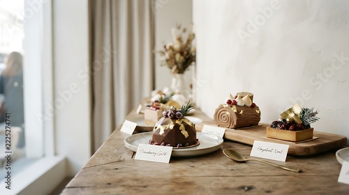 Rustic wooden table showcasing three mini cakes with dried flowers in cozy café setting with natural light