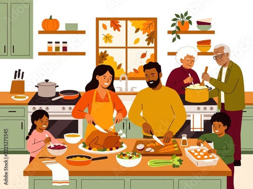 Happy multigenerational family preparing a festive Thanksgiving meal together in a warm kitchen at home