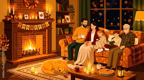 Happy multigenerational family enjoying a cozy autumn evening by the warm fireplace at home with their dog
