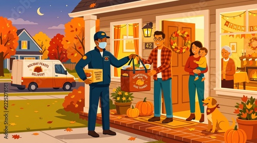 Thanksgiving holiday meal delivery service bringing festive food to a happy family at their autumn decorated home