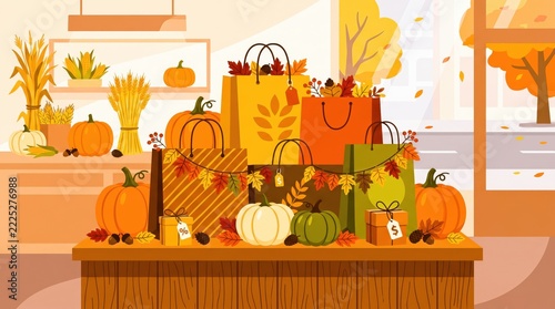 Vibrant autumn collection of market items featuring pumpkins wheat and shopping bags for seasonal harvest sales
