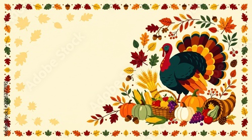 Vibrant autumn harvest thanksgiving celebration featuring a colorful turkey with fall leaves and bountiful crops illustration vector art