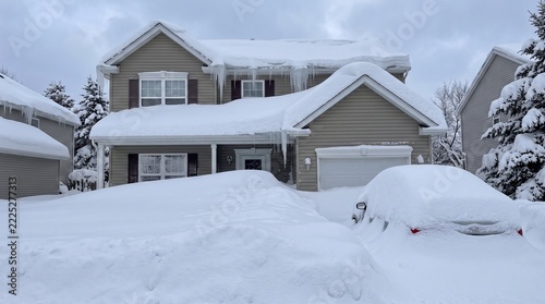 Two-story suburban house completely buried under thick snow drifts and long icicles hanging from the roof during a heavy winter snowstorm.