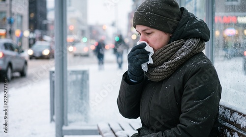 Person wearing winter coat, beanie, and gloves blowing nose into a tissue while sitting outdoors on a snow-covered bench at a bus stop during winter.
