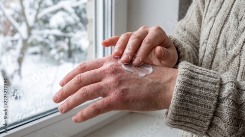 Close-up of a person applying white moisturizing hand cream onto dry, chapped hands suffering from winter weather, sitting near a snowy window.