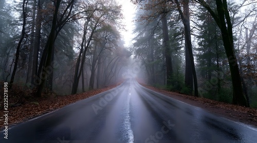 A wet forest road stretches into misty distance  flanked by tall trees with autumn leaves on damp ground