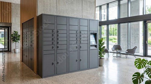 Modern Apartment Building Lobby with Smart Parcel Lockers and Seating Area
