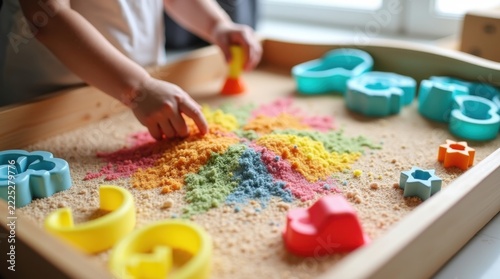 Bandeja de juego sensorial que contiene arena cinética colorida, moldes de silicona y pequeñas herramientas geométricas